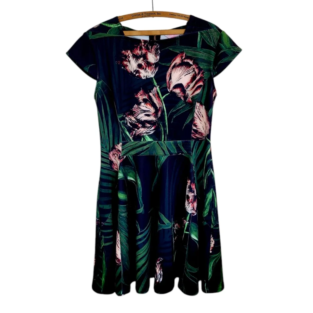 TED BAKER Florell Tropical Floral Palm Leaves Scuba Skater Dress Size 10 - Picture 3 of 13